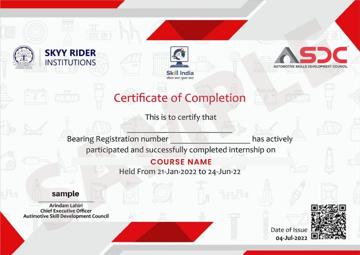 Industrial Certificate by ASDC (Automotive Development Council- Govt of India) on Electric Vehicle